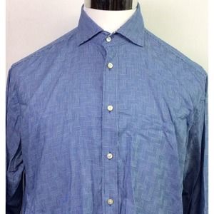 Men's Thomas Dean‎ Blue White Chevron Pattern Shirt L/S Size Large Pima Cotton